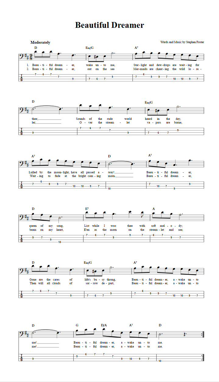 Beautiful Dreamer Chords, Sheet Music, and Tab for Bass