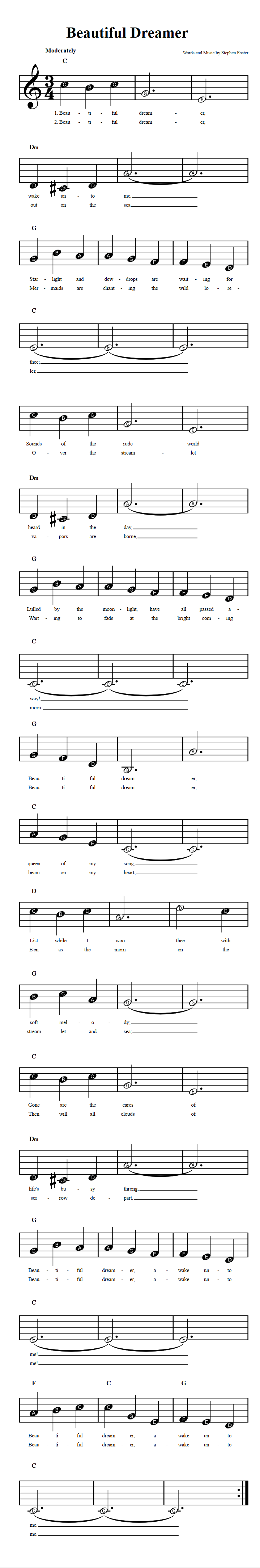 Beautiful Dreamer Beginner Sheet Music with Chords and Lyrics