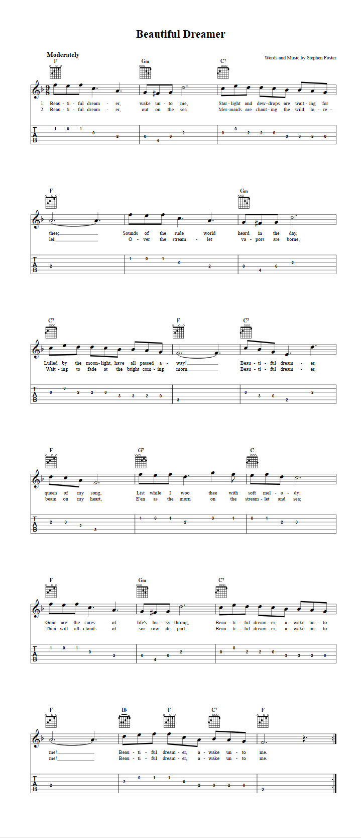 Beautiful Dreamer Chords, Sheet Music, and Tab for