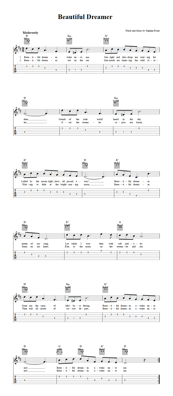 Beautiful Dreamer Chords Sheet Music And Tab For Guitar With Lyrics