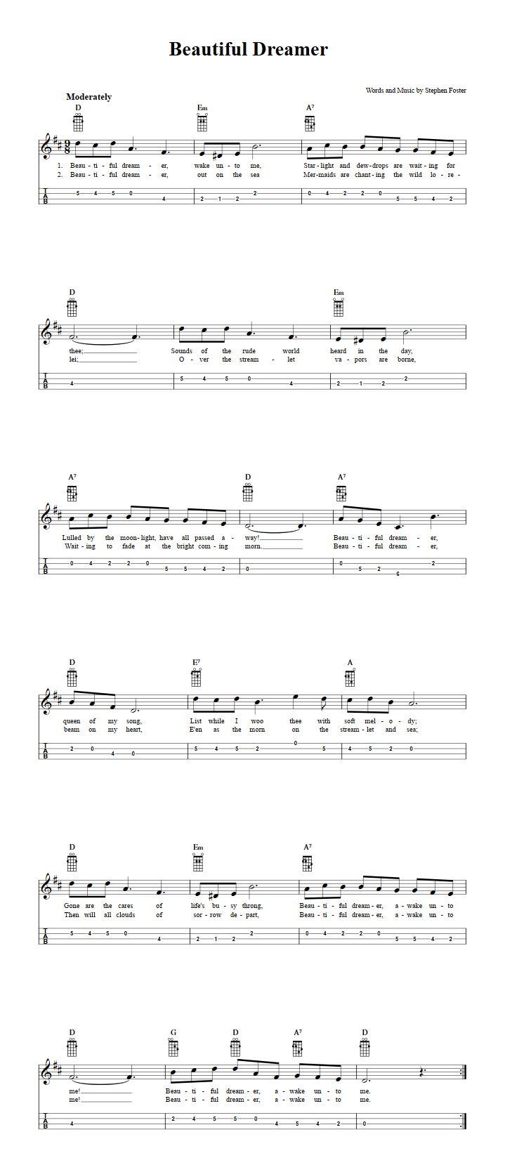Beautiful Dreamer Chords, Sheet Music and Tab for