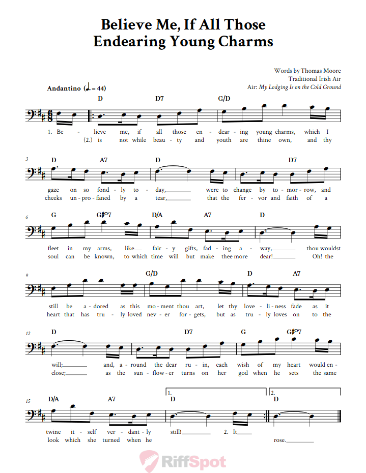 Believe Me If All Those Endearing Young Charms Chords, Lyrics, and Bass Clef Sheet Music