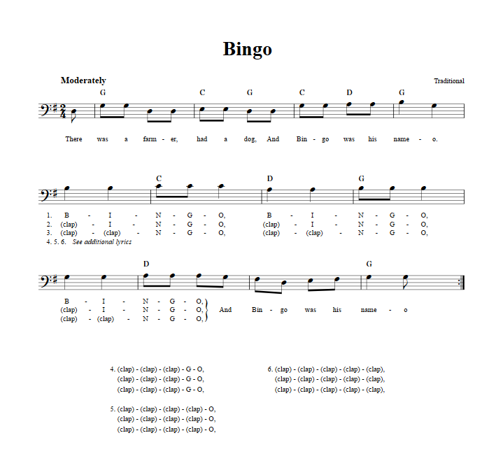 Bingo: Chords, Lyrics, and Bass Clef Sheet Music