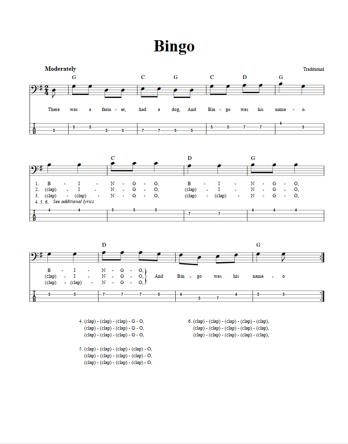 bingo chords sheet music and tab for bass guitar with lyrics