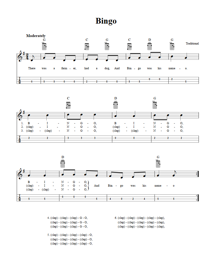 Bingo Chords, Sheet Music and Tab for Mandolin with Lyrics