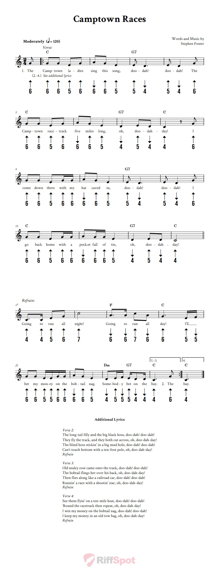 Camptown Races Chords, Sheet Music, and Tab for Harmonica with Lyrics