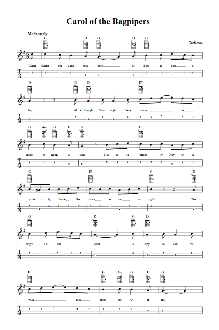 carol of the bagpipers chords sheet music and tab for baritone