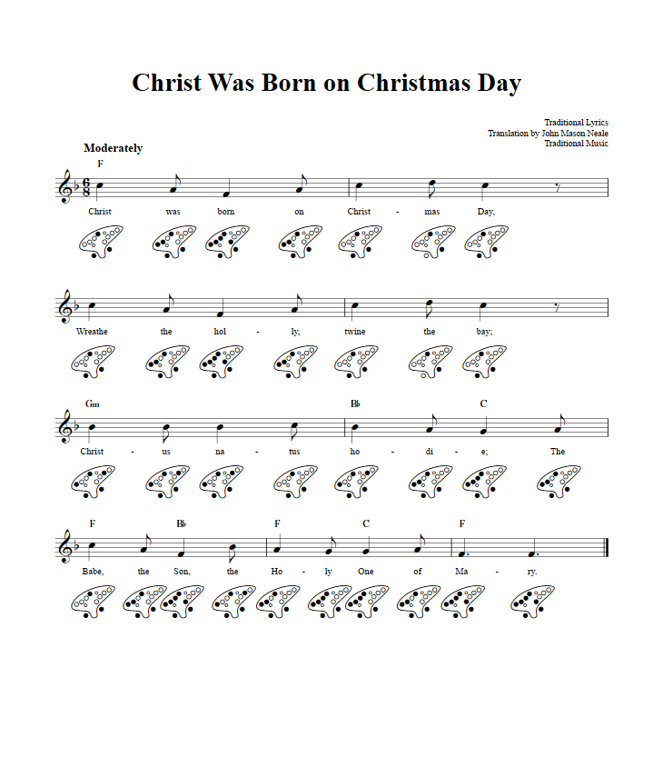 Christ Was Born on Christmas Day: Chords, Sheet Music, and Tab for 12 Hole Ocarina with Lyrics