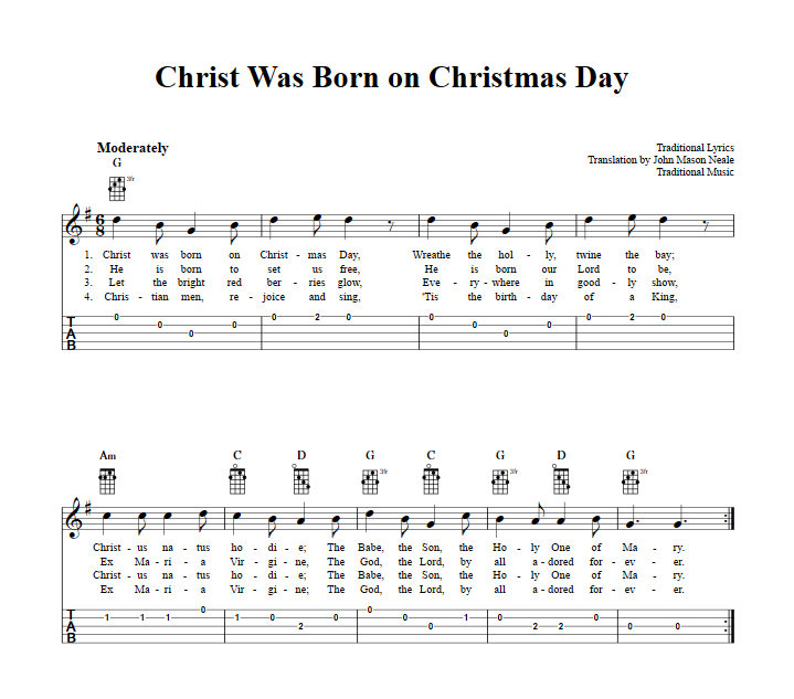 Christ Was Born on Christmas Day: Chords, Sheet Music, and Tab for Banjo with Lyrics