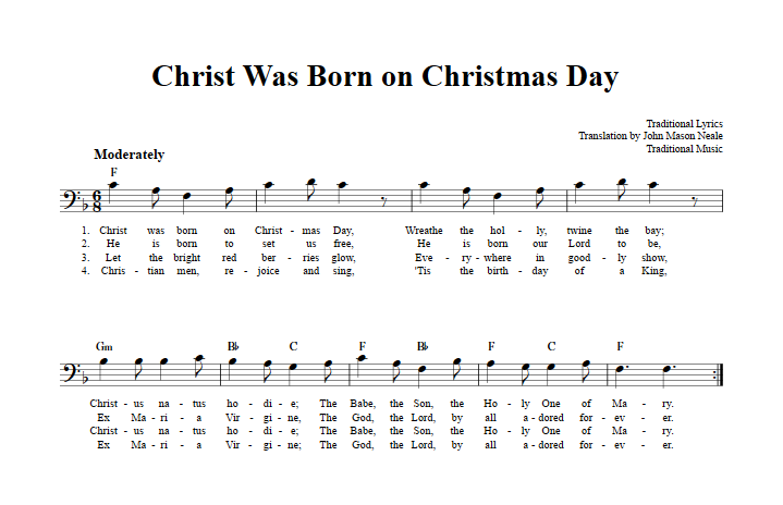 Christ Was Born on Christmas Day: Chords, Lyrics, and Bass Clef Sheet Music