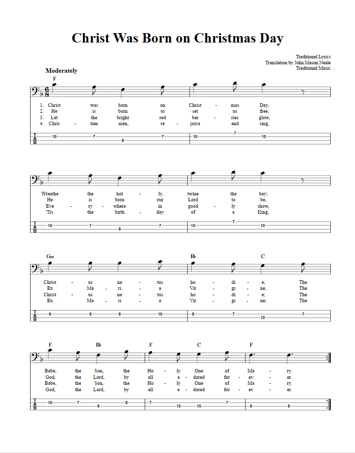 Christ Was Born on Christmas Day: Chords, Sheet Music, and Tab for Bass Guitar with Lyrics