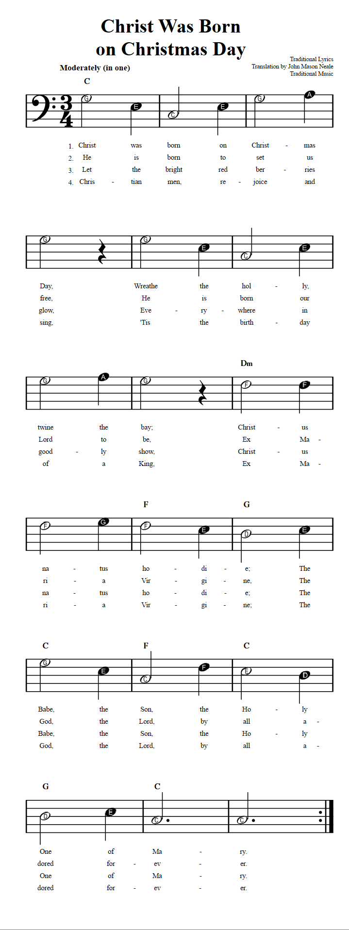 Christ Was Born on Christmas Day: Beginner Bass Clef Sheet Music with Chords and Lyrics