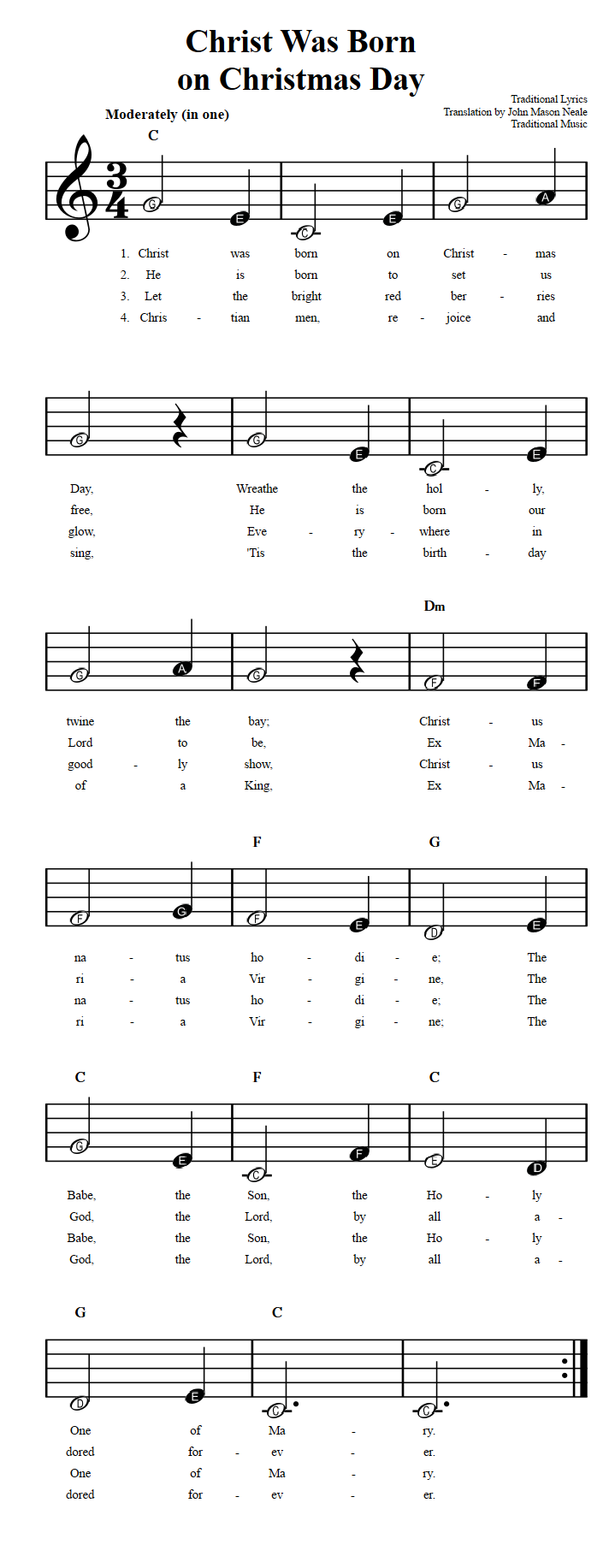 Christ Was Born on Christmas Day: Beginner Sheet Music with Chords and Lyrics