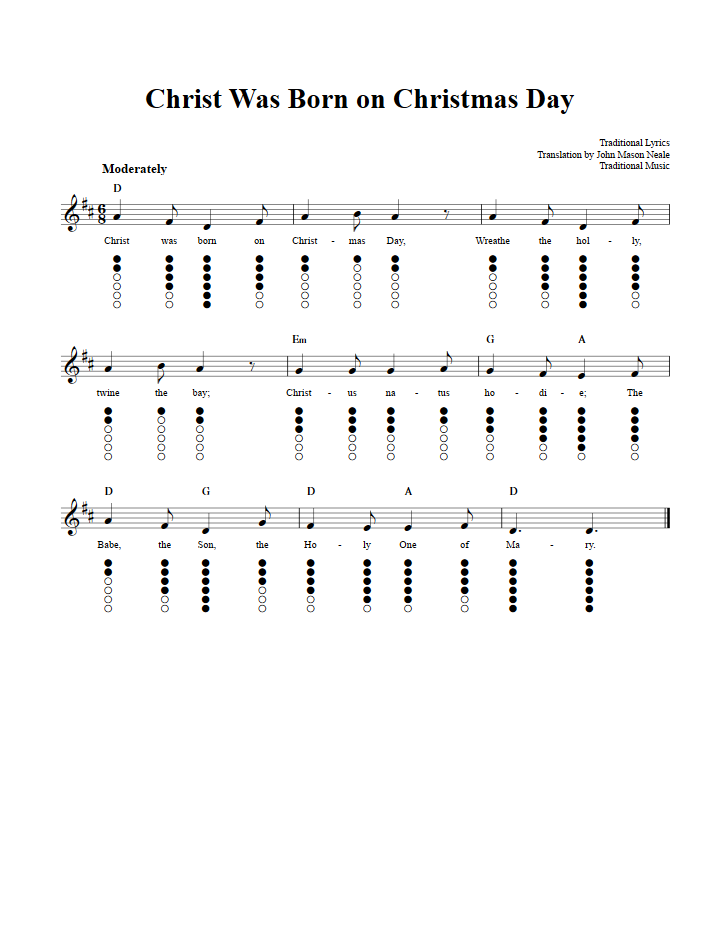 Christ Was Born on Christmas Day: Sheet Music and Tab for Tin Whistle with Lyrics