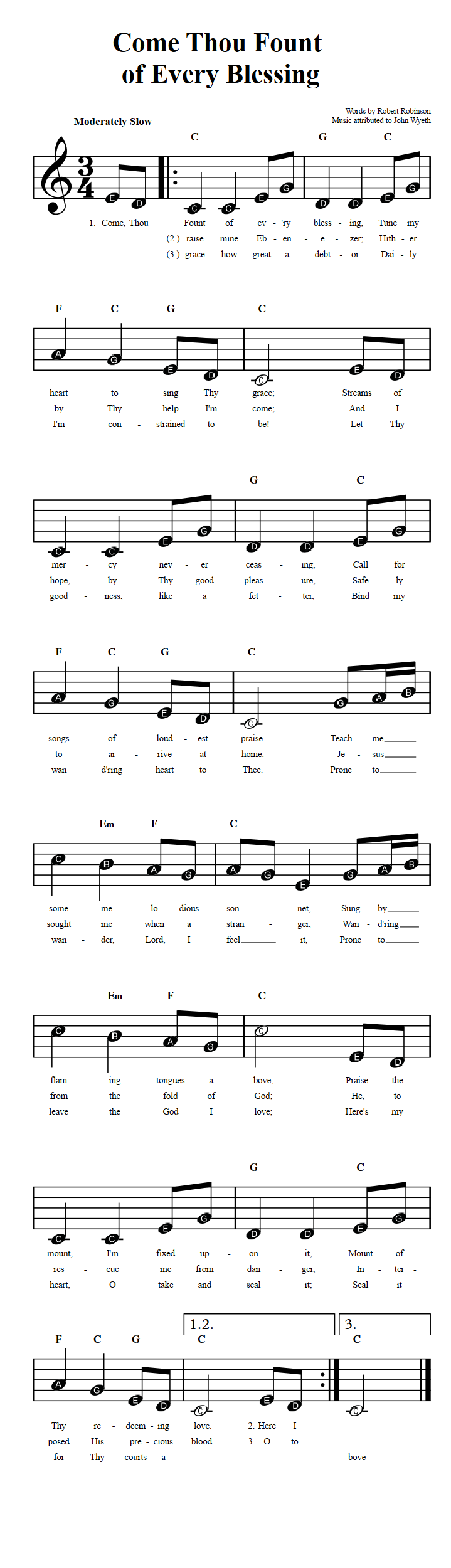 Come Thou Fount Of Every Blessing Beginner Sheet Music With Chords And Lyrics