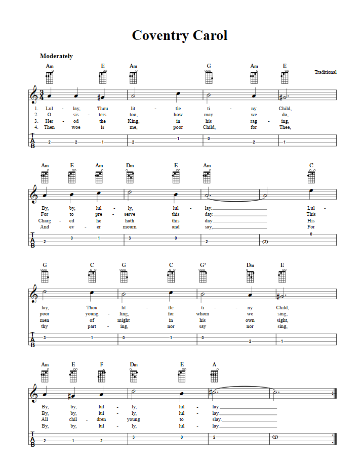 coventry carol chords sheet music and tab for baritone ukulele with