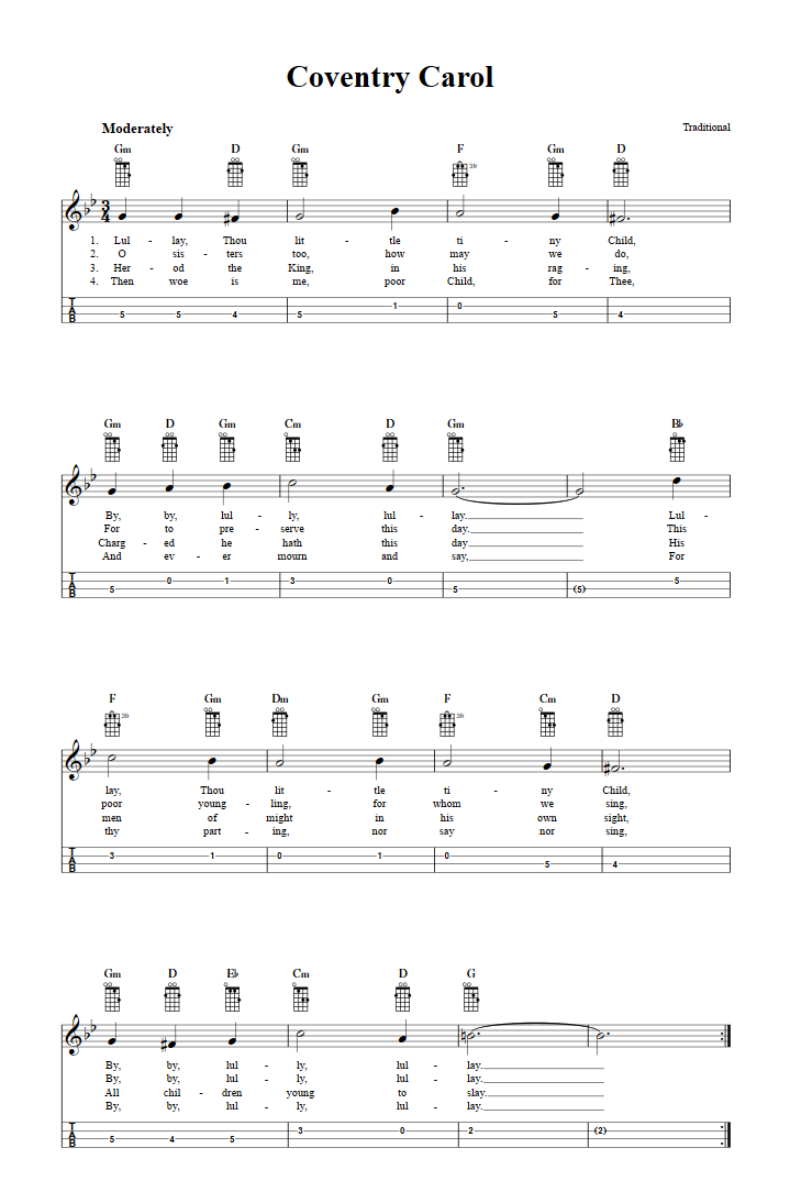 Coventry Carol: Chords, Sheet Music and Tab for Mandolin with Lyrics