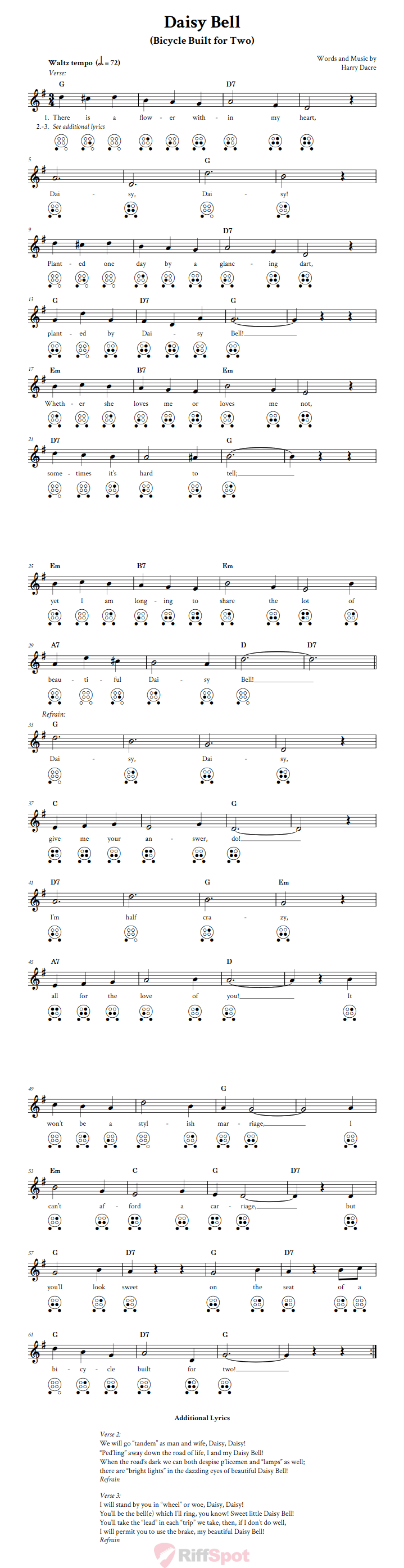Daisy Bell Chords, Sheet Music, and Tab for 6 Hole Ocarina with Lyrics