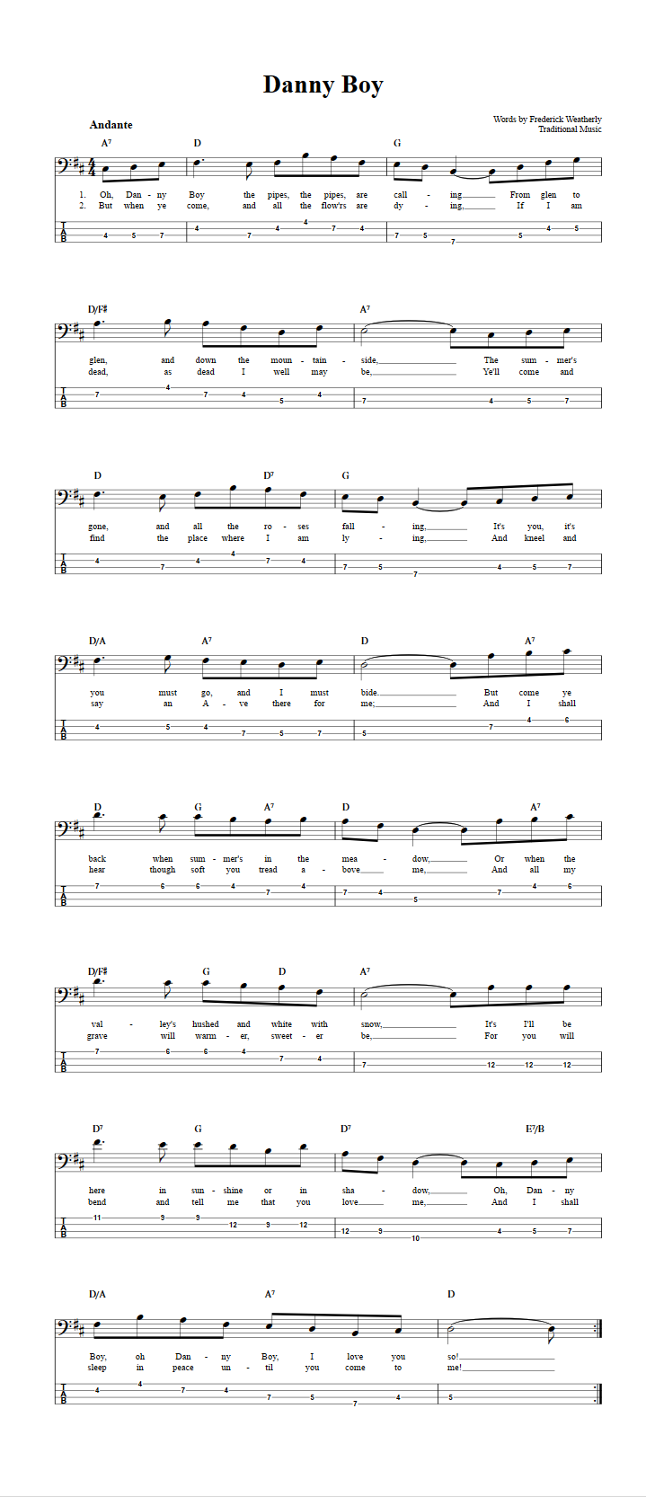 Danny Boy: Chords, Sheet Music, and Tab for Bass Guitar with Lyrics