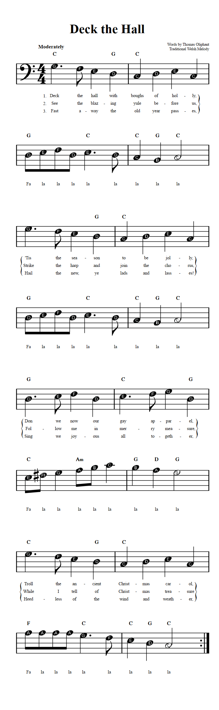 deck-the-hall-beginner-bass-clef-sheet-music-with-chords-and-lyrics