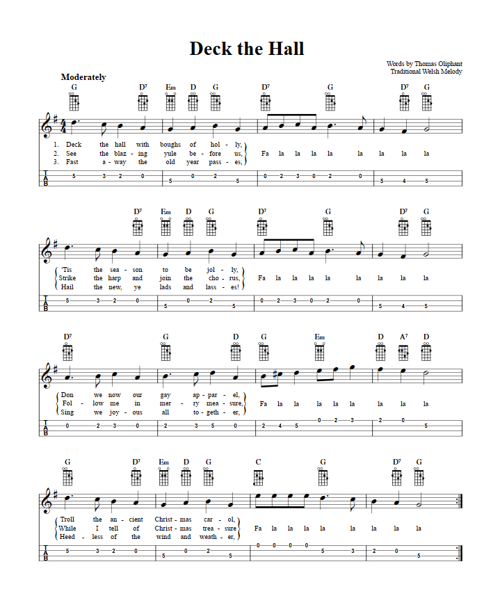 Deck the Hall: Chords, Sheet Music and Tab for Mandolin with Lyrics