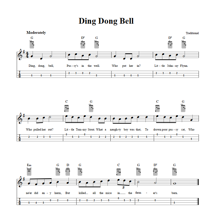 Ding Dong Bell: Chords, Sheet Music and Tab for Mandolin with Lyrics