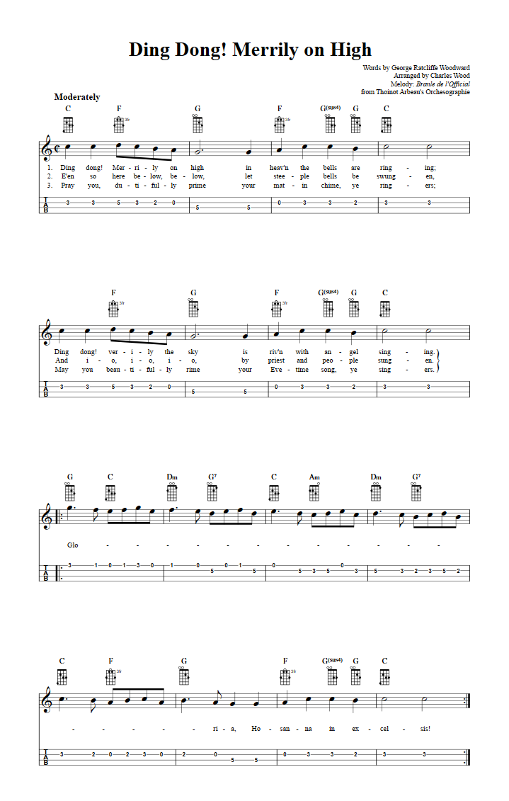 Ding Dong Merrily On High Chords Sheet Music And Tab For Mandolin With Lyrics