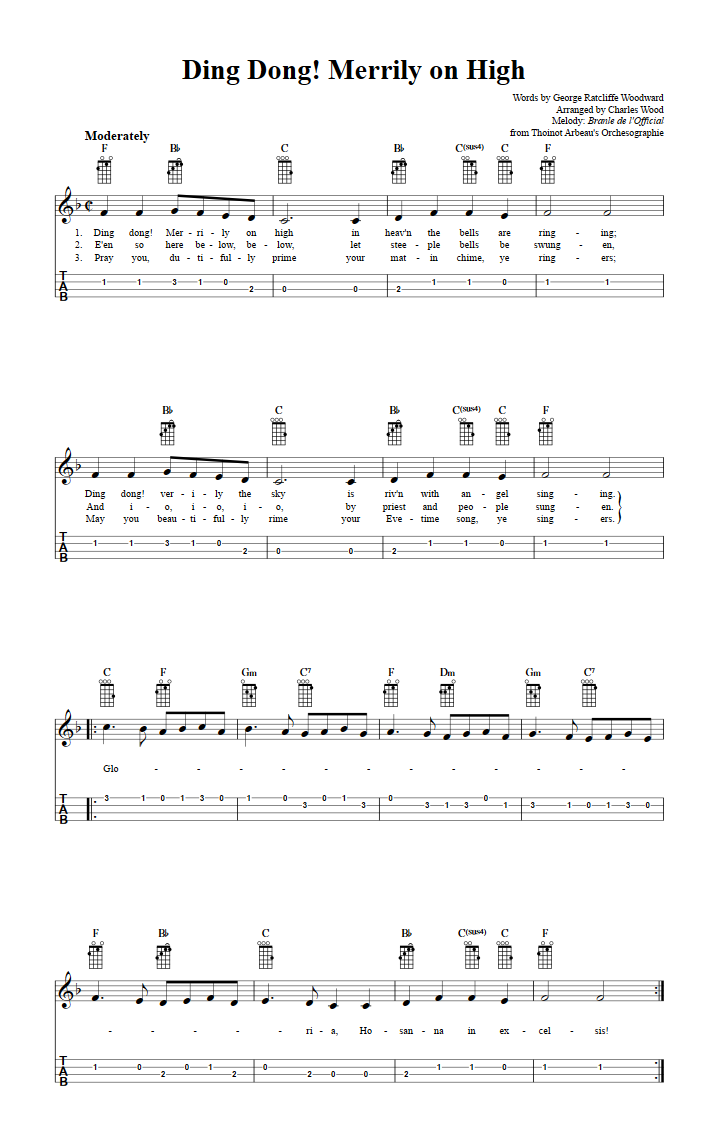 Ding Dong Merrily On High Chords Sheet Music And Tab For Ukulele With Lyrics