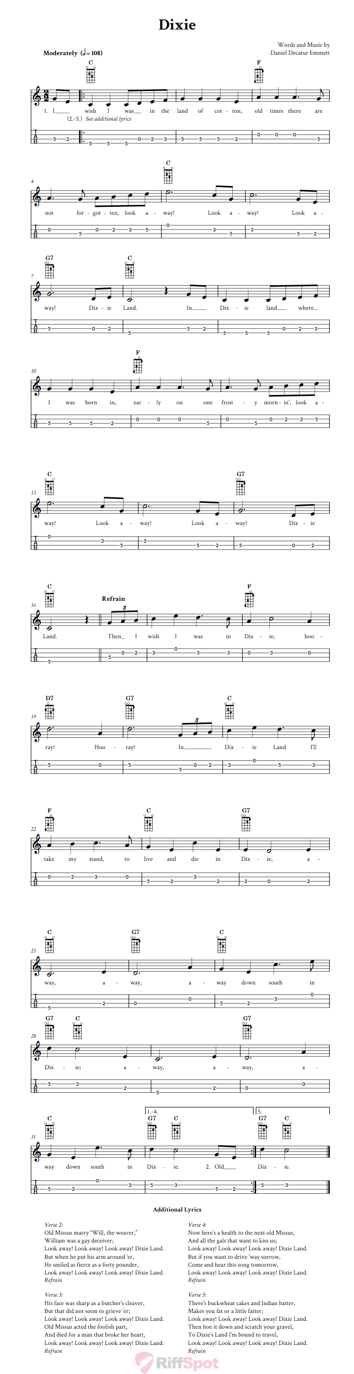 Dixie: Chords, Sheet Music and Tab for Mandolin with Lyrics