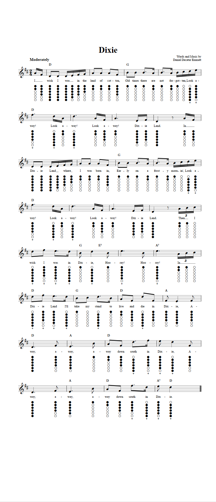 Dixie: Sheet Music And Tab For Tin Whistle With Lyrics