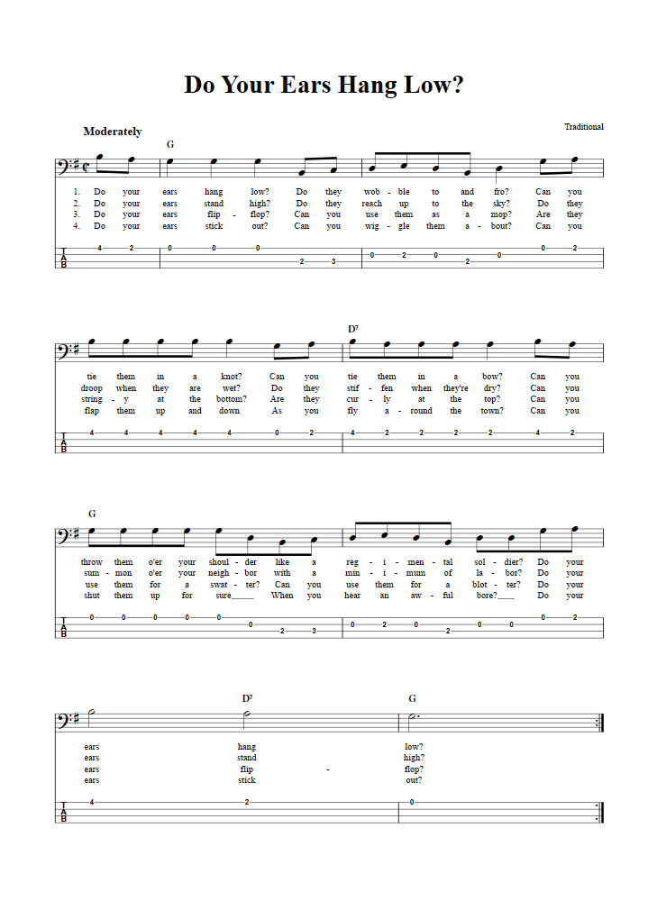 Do Your Ears Hang Low Chords Sheet Music And Tab For Bass Guitar With Lyrics 