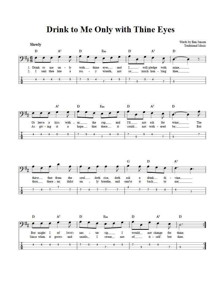Drink to Me Only with Thine Eyes Chords, Sheet Music, and Tab for Bass
