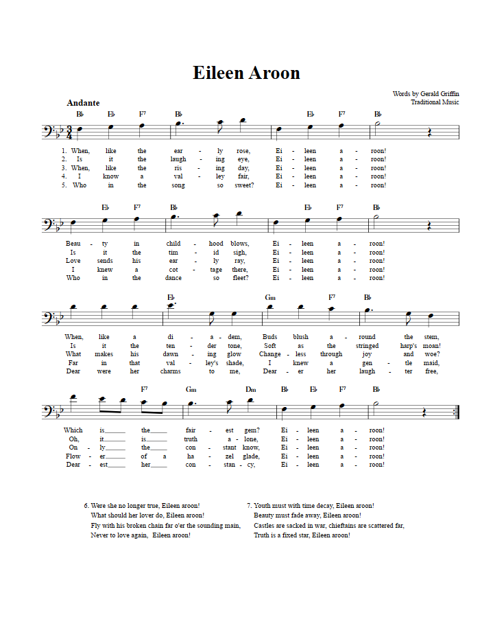 Eileen Aroon Chords Lyrics And Bass Clef Sheet Music