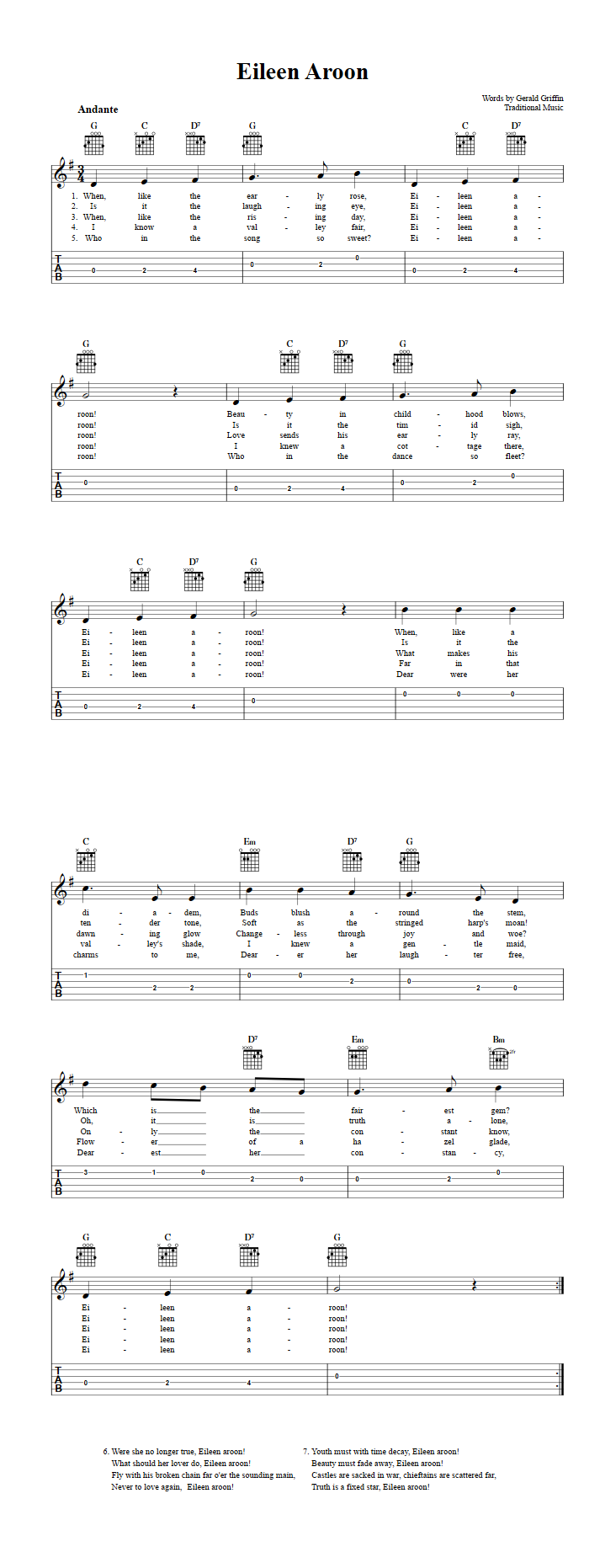 Eileen Aroon: Chords, Sheet Music, and Tab for Guitar with Lyrics