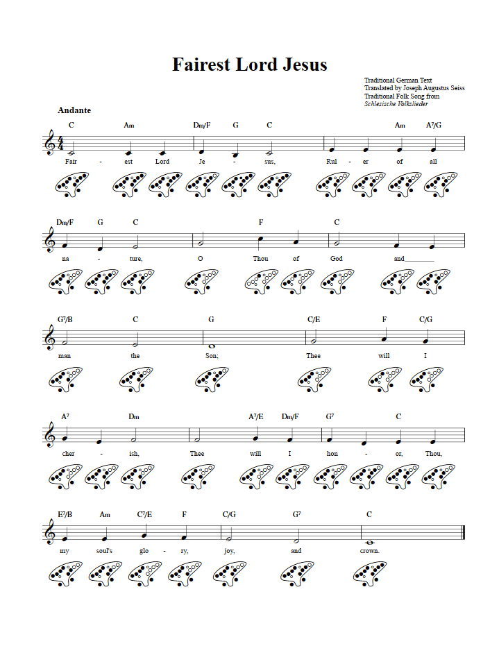 Fairest Lord Jesus Chords, Sheet Music, and Tab for 12 Hole Ocarina