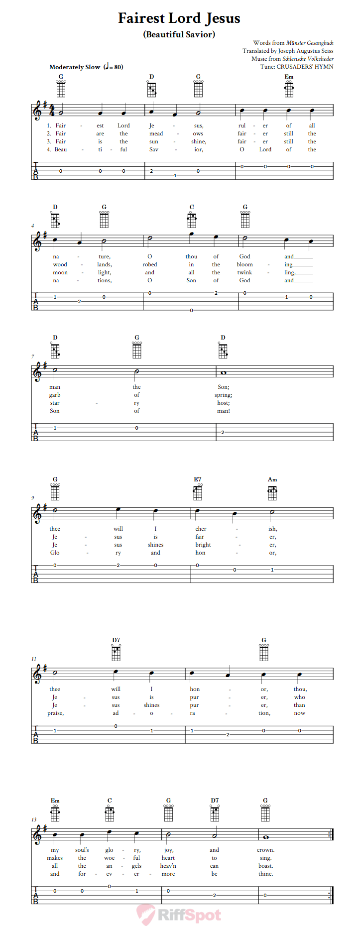 Fairest Lord Jesus Chords, Sheet Music, and Tab for Banjo with Lyrics
