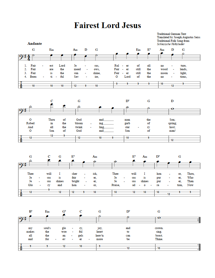 Fairest Lord Jesus: Chords, Sheet Music, and Tab for Bass Guitar with