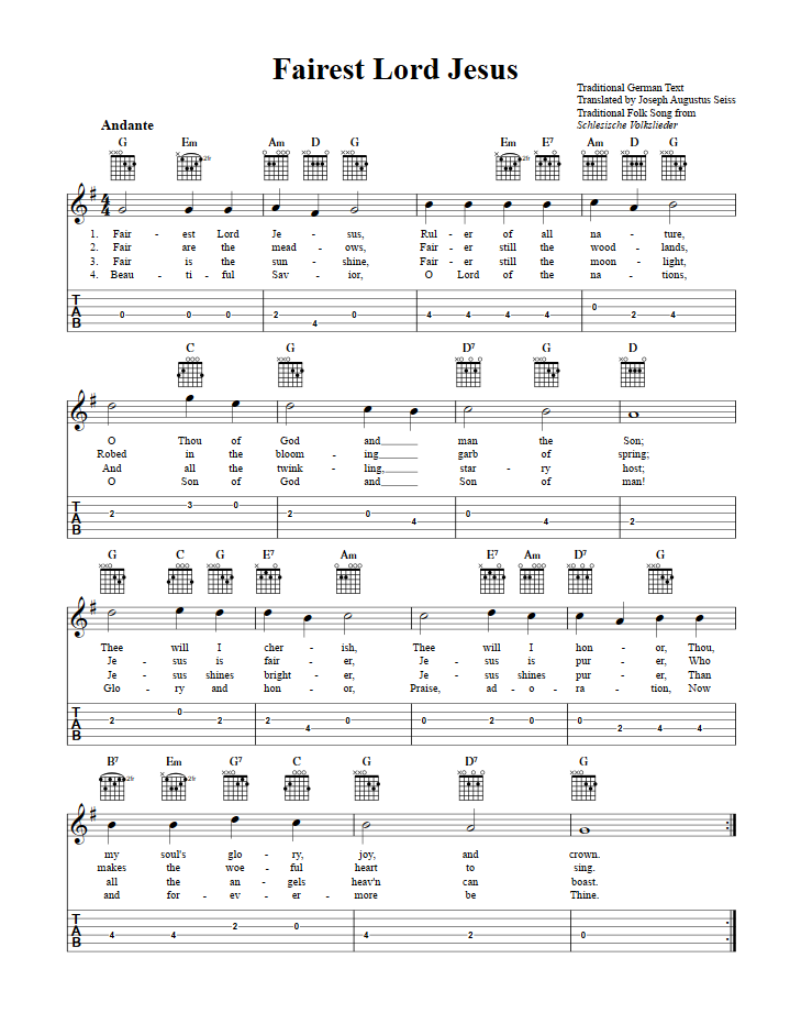 Fairest Lord Jesus Chords, Sheet Music, and Tab for Guitalele with Lyrics