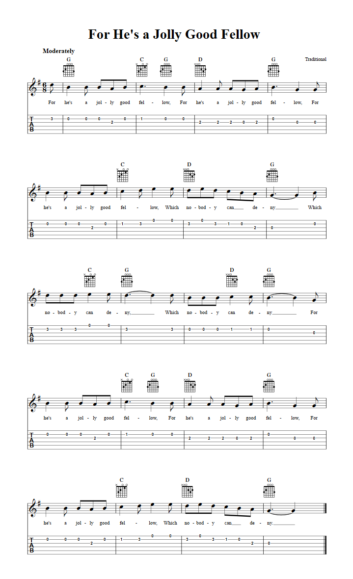 For Hes A Jolly Good Fellow Chords Sheet Music And Tab For Guitar With Lyrics 3618