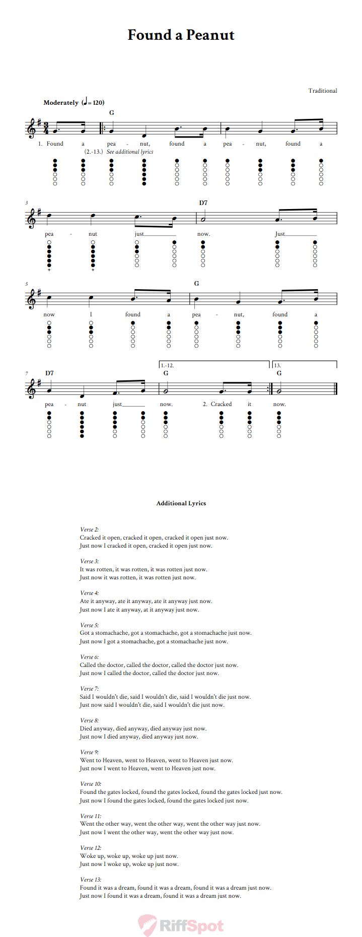Found a Peanut: Sheet Music and Tab for Tin Whistle with Lyrics
