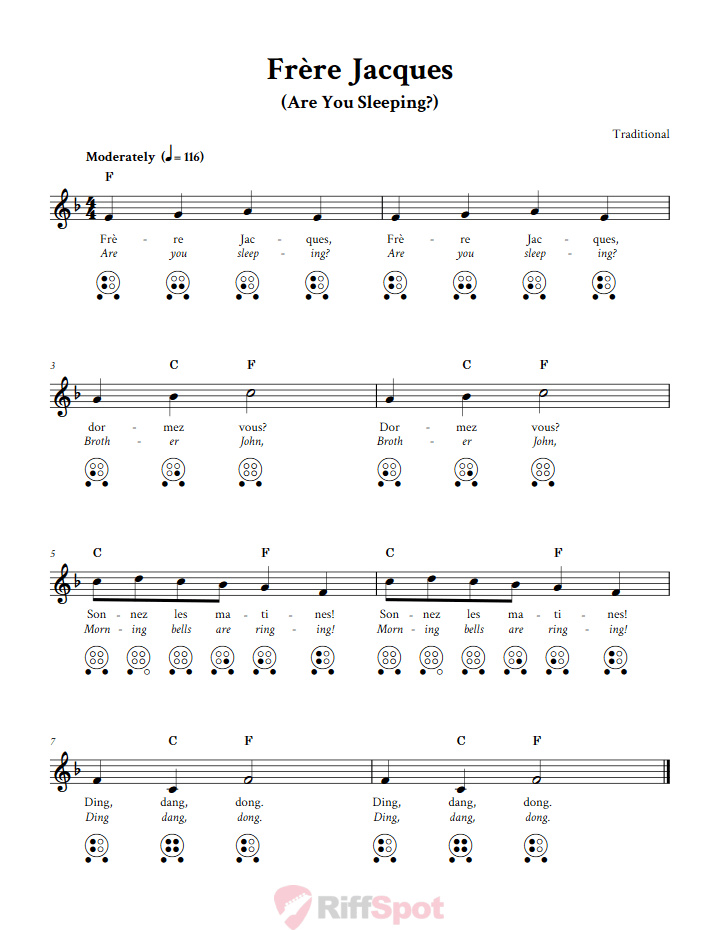 Frere Jacques Chords, Sheet Music, and Tab for 6 Hole Ocarina with Lyrics
