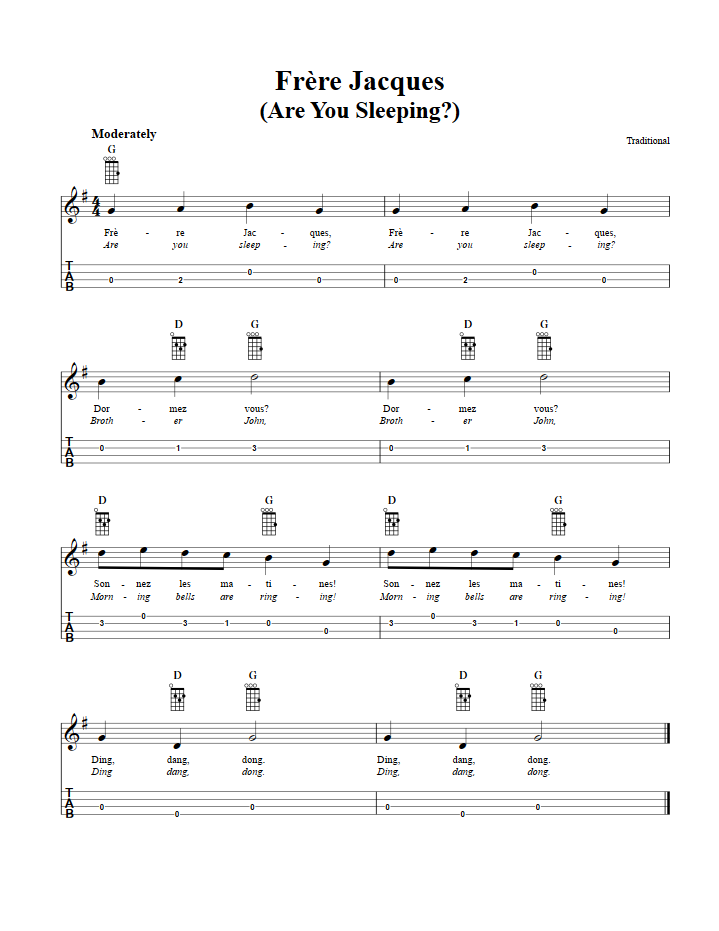 frere jacques chords sheet music and tab for baritone