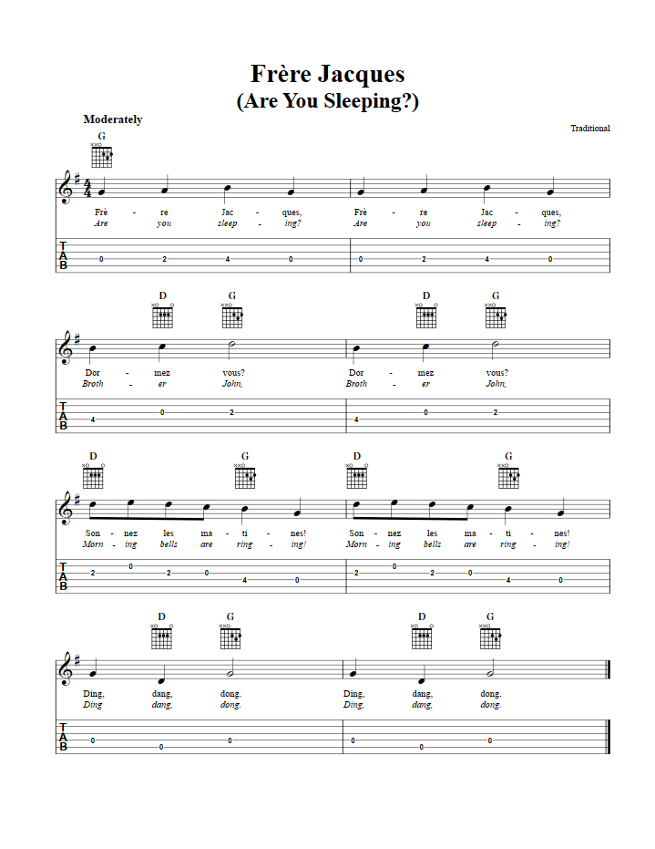Frere Jacques Chords, Sheet Music, and Tab for Guitalele with Lyrics