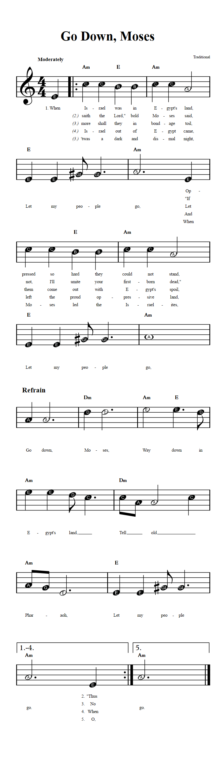 Go Down, Moses Beginner Sheet Music with Chords and Lyrics