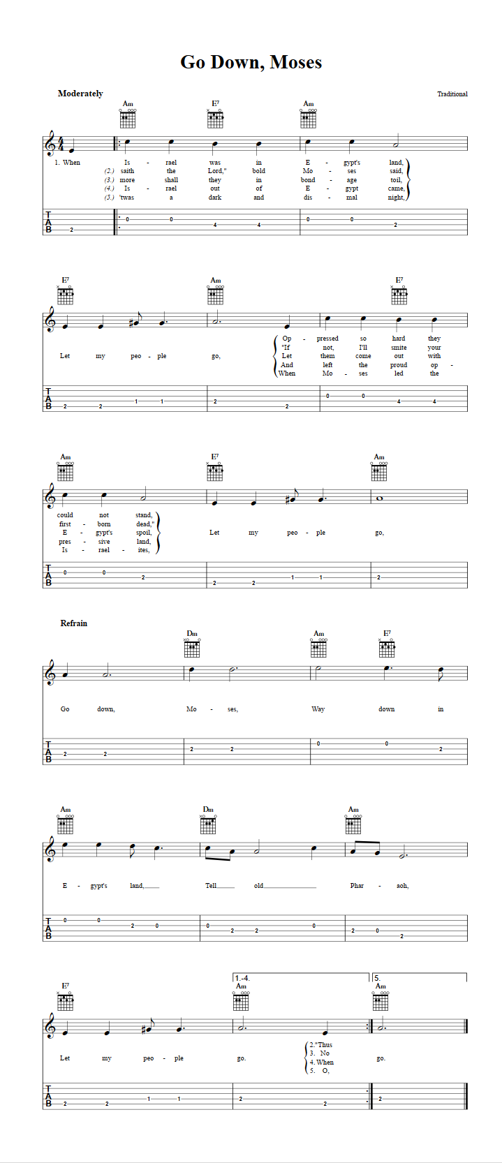 Go Down, Moses Chords, Sheet Music, and Tab for Guitalele with Lyrics