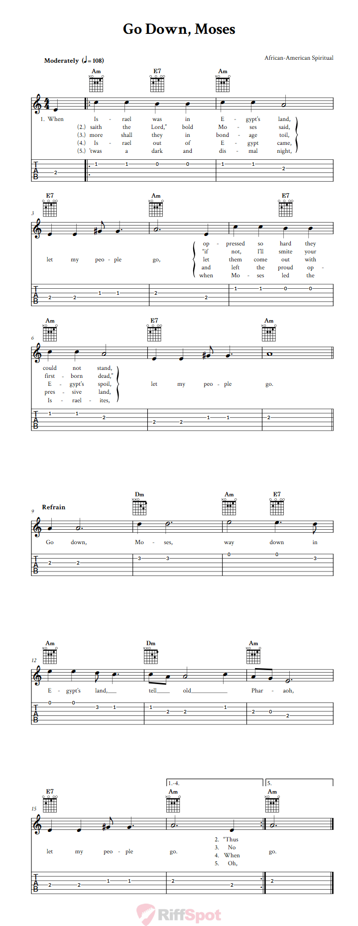 Go Down, Moses Chords, Sheet Music, and Tab for Guitar with Lyrics