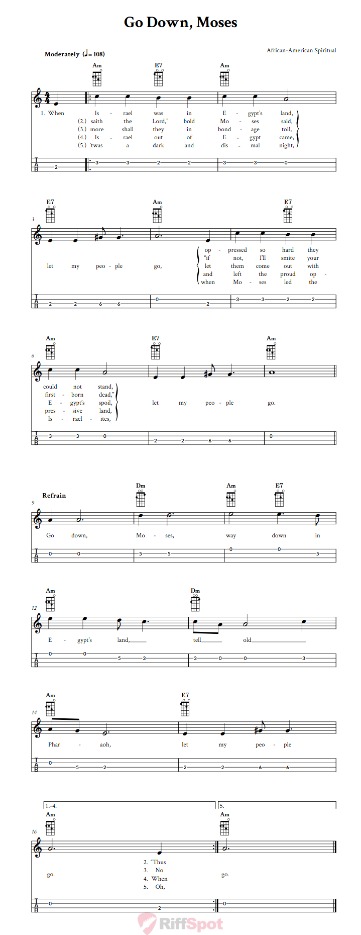 Go Down, Moses: Chords, Sheet Music and Tab for Mandolin with Lyrics