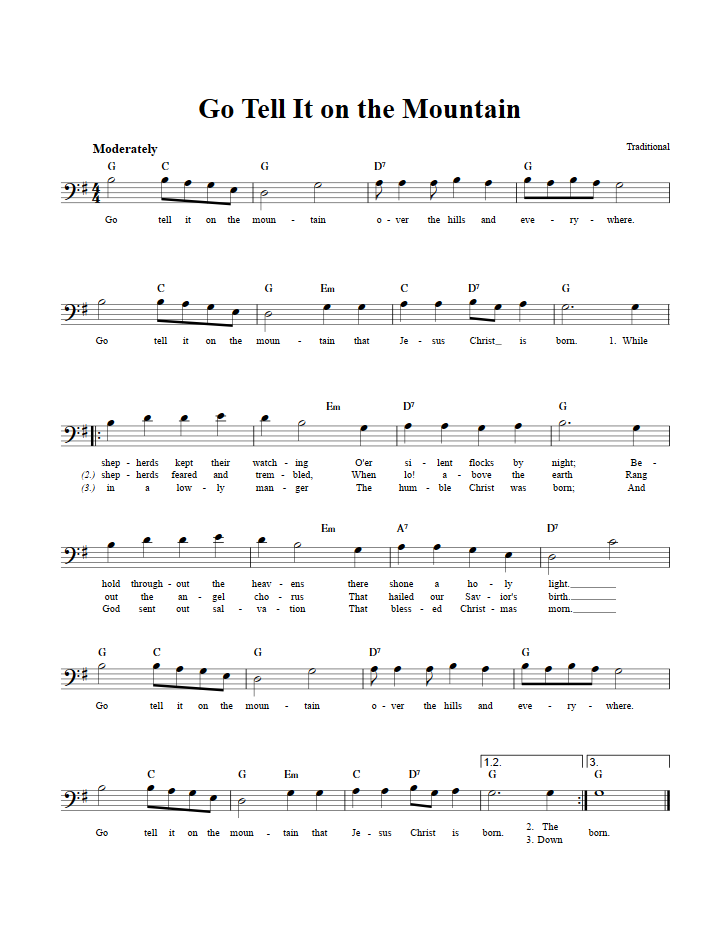 Go Tell It on the Mountain: Chords, Lyrics, and Bass Clef Sheet Music