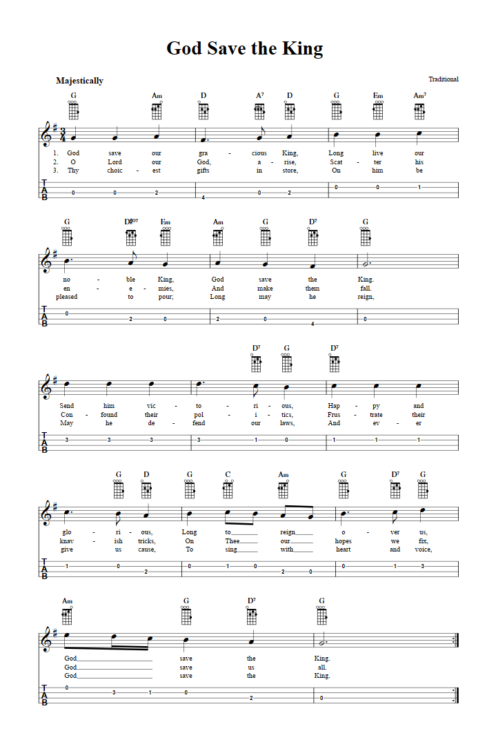 God Save The King Chords Sheet Music And Tab For Baritone Ukulele