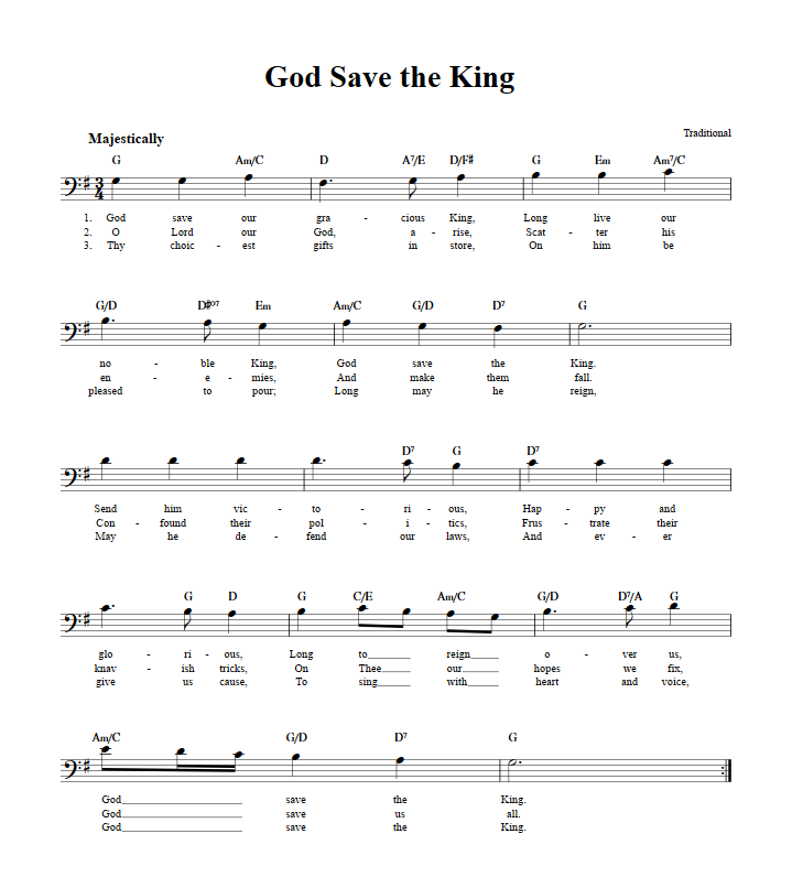 God Save the King: Chords, Lyrics, and Bass Clef Sheet Music